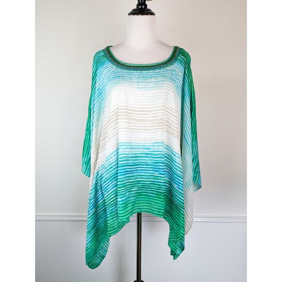 Chico's Poncho Top Beaded Green Ombre Striped Boho Vacation Summer Size S/M - Picture 4 of 15
